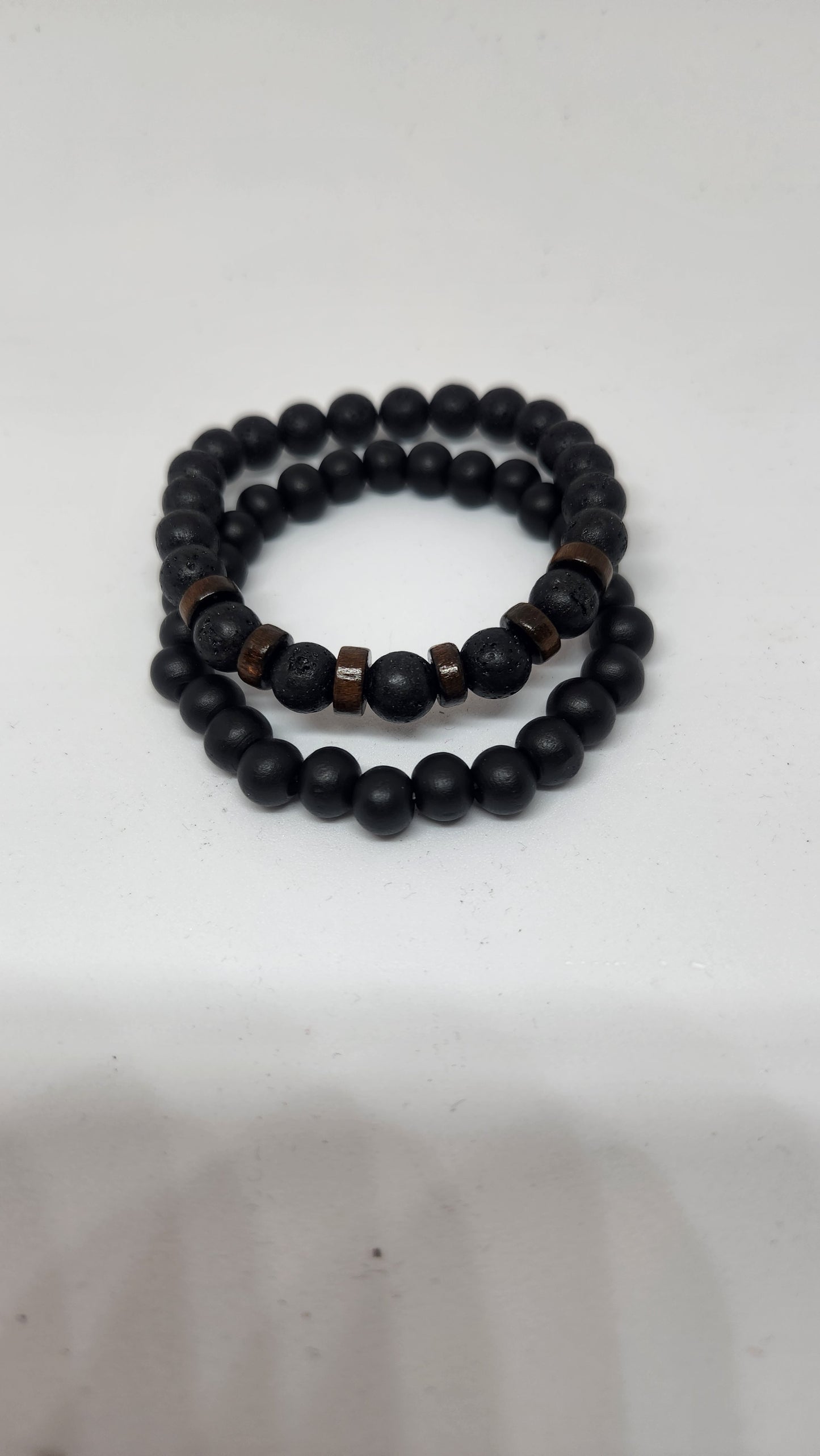Set of 2 Black Bead Bracelets with Brown Accents