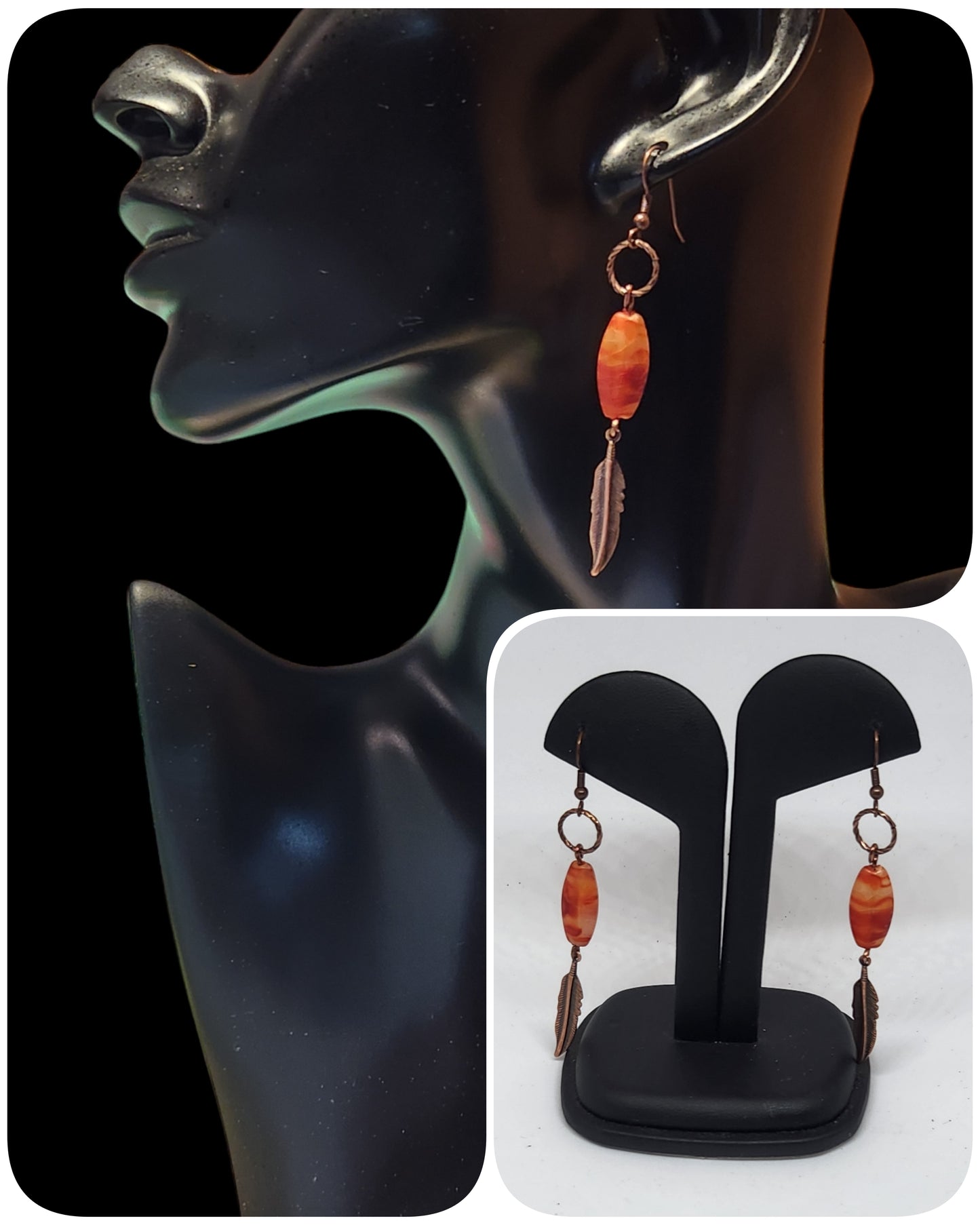 Orange Lampwork with Feather Accent Earrings