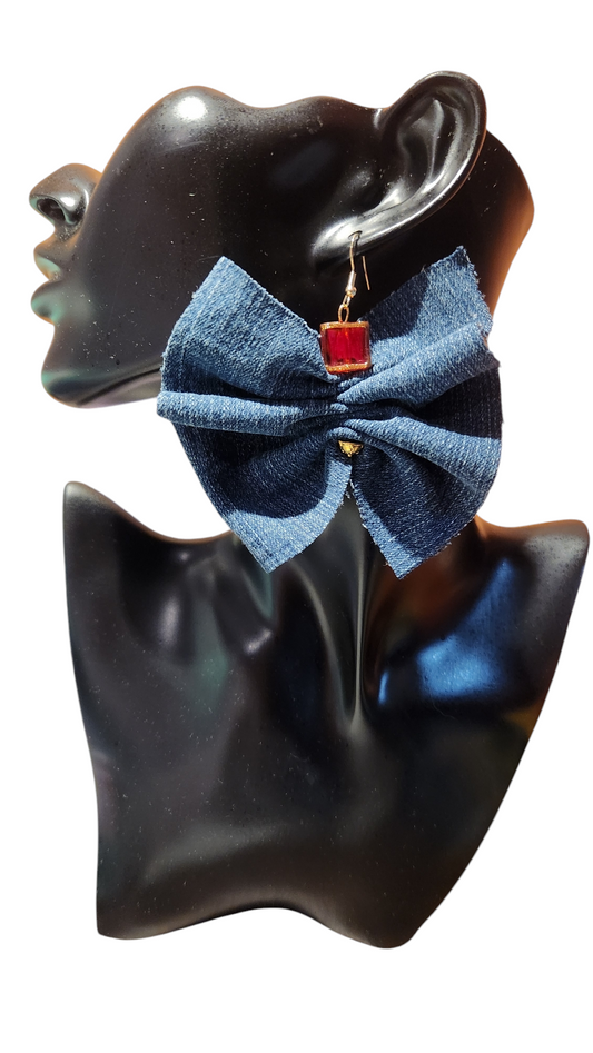 Denim Bow Design Earrings with Red Glass Bead